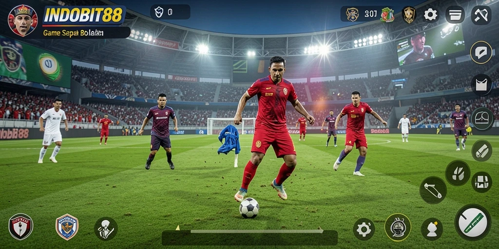 Screenshot utama INDOBIT88 menampilkan aksi menegangkan di lapangan sepak bola.