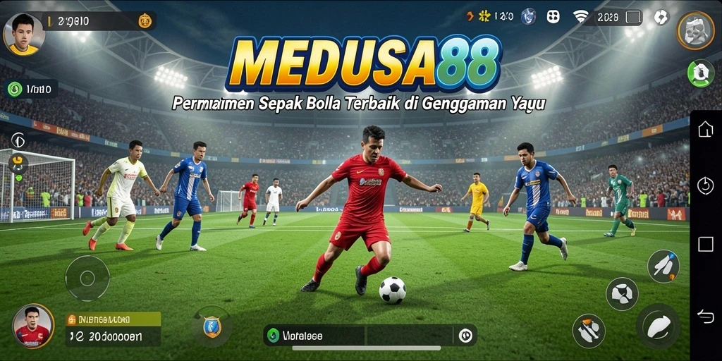 Tangkapan layar utama MEDUSA88 memperlihatkan gameplay sepak bola yang seru.
