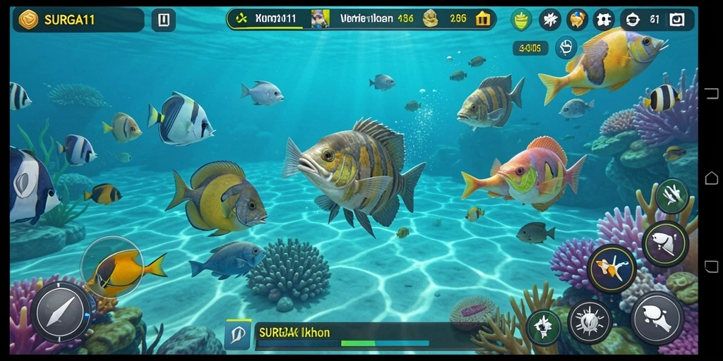 Screenshot dari gameplay <strong>SURGA11</strong>, menampilkan aksi menembak ikan yang seru.